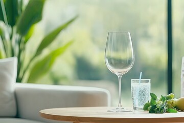 An empty wine glass surrounded by colorful mocktail ingredients fresh fruit herbs sparkling water, Dry January, Sober October concept