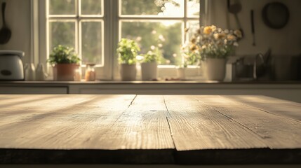 A fresh and airy kitchen scene featuring a weathered white wood table, with warm sunlight streaming through a softly blurred summer window.
