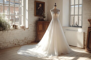 Elegant beautiful white wedding dress on a mannequin in a bridal boutique, luxury and romance, high-end bridal fashion.
