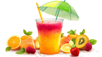 A vibrant layered smoothie in a cup, decorated with a colorful umbrella, surrounded by fresh fruits like oranges, raspberries, and kiwis.