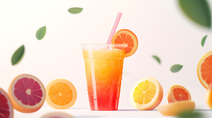 Fototapeta premium A refreshing fruit drink in a clear cup, surrounded by vibrant citrus slices and leaves, evoking a sunny, summery vibe.