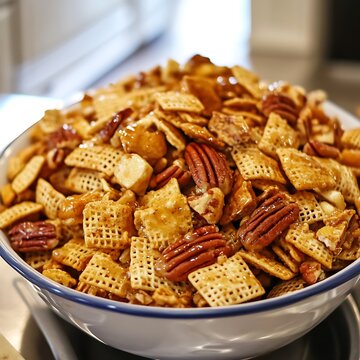 there is a bowl of chex mix sitting on a stove