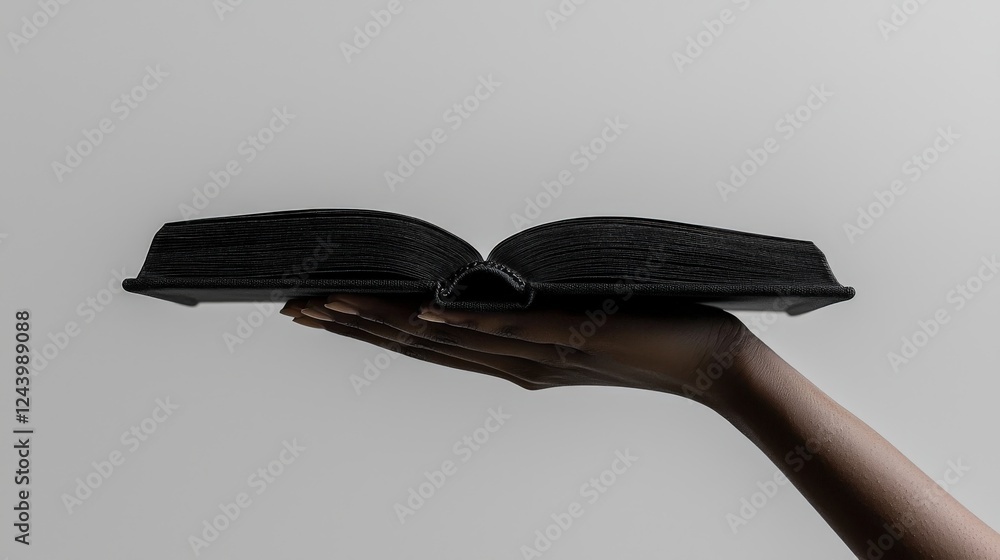 Poster hand holding open book with fluttering pages in wind on minimalistic background