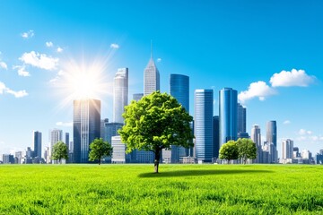 Obraz premium A city with a tree in the middle of a field