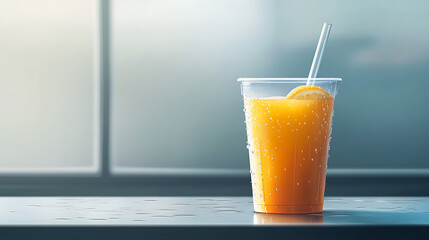 A refreshing orange drink in a clear cup, set against a soft-focus background, perfect for a warm day.