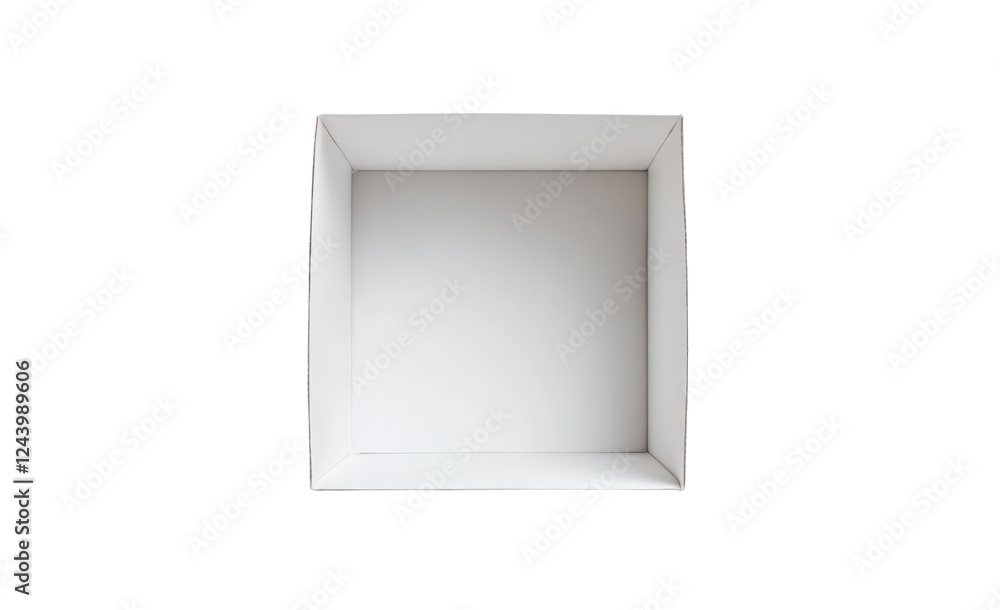 Aufkleber a blank white cardboard box viewed from a top-down perspective, centered in the image with a pure wh