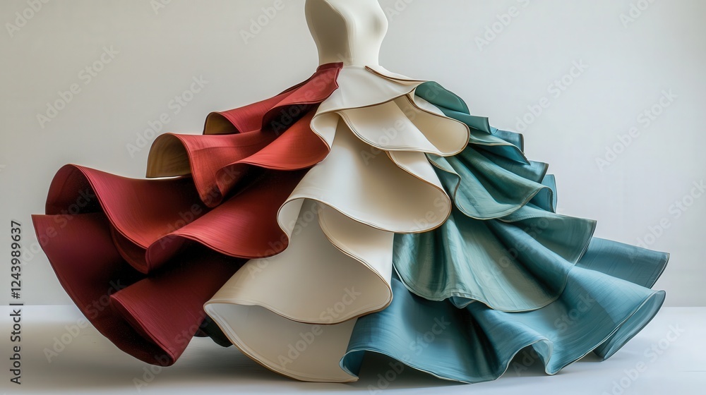 Poster elegant gradient skirt displayed against a soft white background with flowing ruffles in various sha