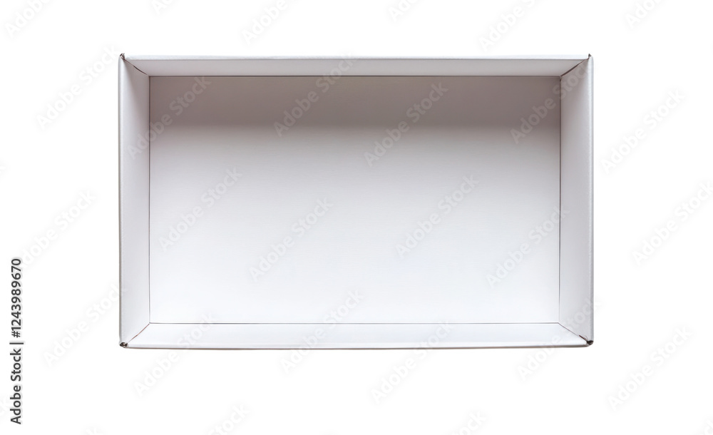 Aufkleber a blank white cardboard box viewed from a top-down perspective, centered in the image with a pure wh