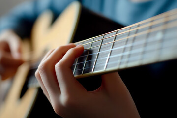 Fototapeta premium A close-up of a person's hand playing a guitar, showcasing the strings and fingers engaged in a musical performance.