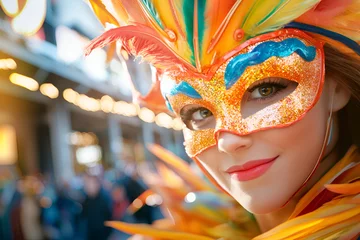 Colorful woman in glittering carnival mask celebrating outdoors, Mardi Gras