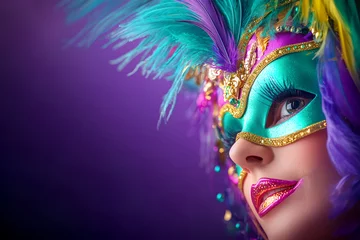 Colorful carnival mask on young caucasian woman with vibrant feathers and glittering details, Mardi Gras