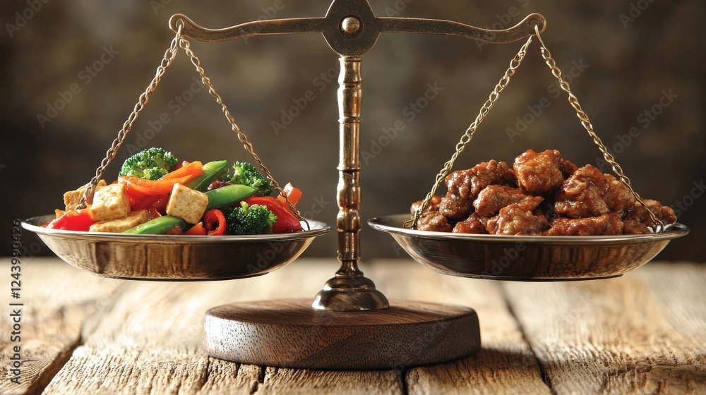 Poster balanced scale with one side showing plate of tofu and other side with mixed vegetables