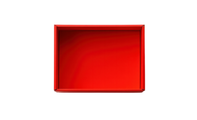 A bright red cardboard box sits unused and open, showing its interior, with no markings or designs on the surface. The stark white background