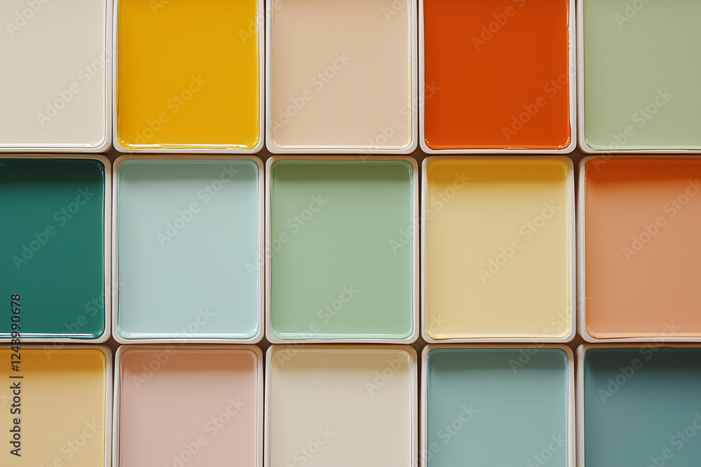 Poster color palette inspiration: an abstract arrangement of vibrant and muted paint colors in individual c