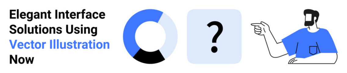 Minimalist circular chart, question mark, and man pointing. Ideal for interface design, user guidance, tech support, problem-solving, creativity, education flat landing page banner