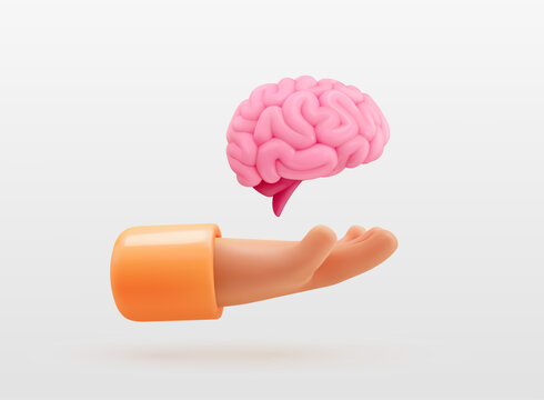 Human brain in hand. Mental health, wellness, emotional and cognitive balance. 3d hand holding human brain on light background. Isolated vector illustration.