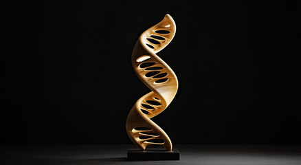 Wooden DNA sculpture, dark background, science concept, medical illustration
