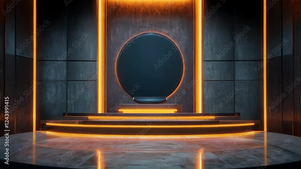 Poster Futuristic circular portal on illuminated stage with dynamic light transition