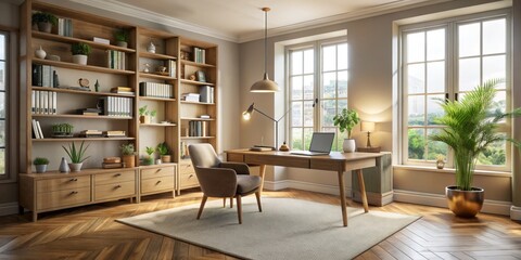 Fototapeta premium Cozy modern home office with natural light and stylish decor