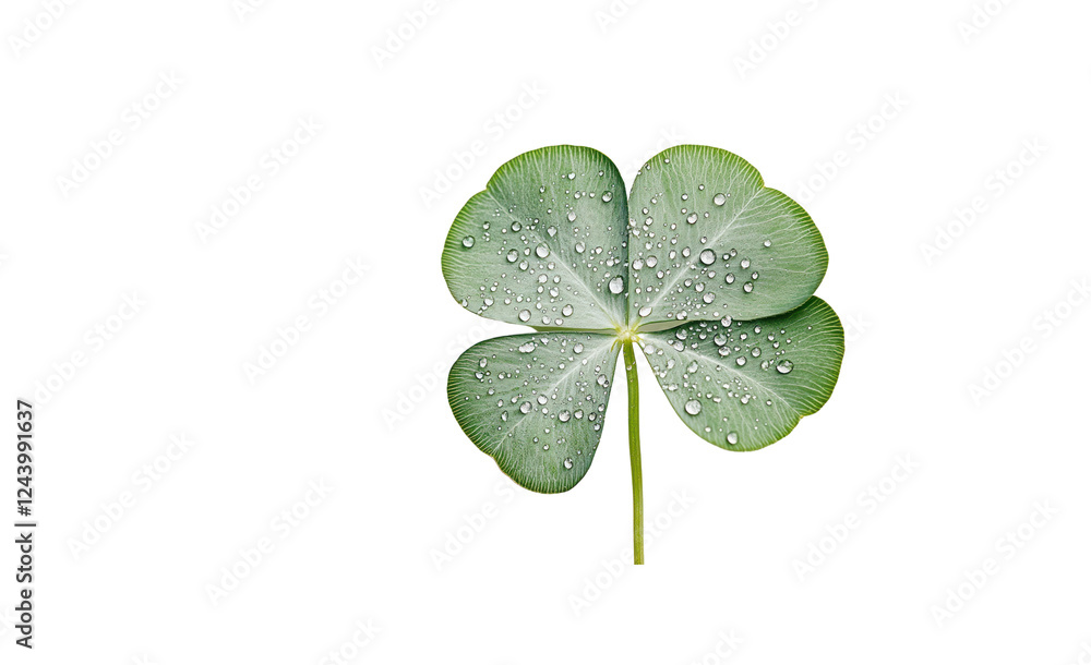 Poster a close-up shot of a single clover leaf with droplets of water on its surface, placed on a pristine 