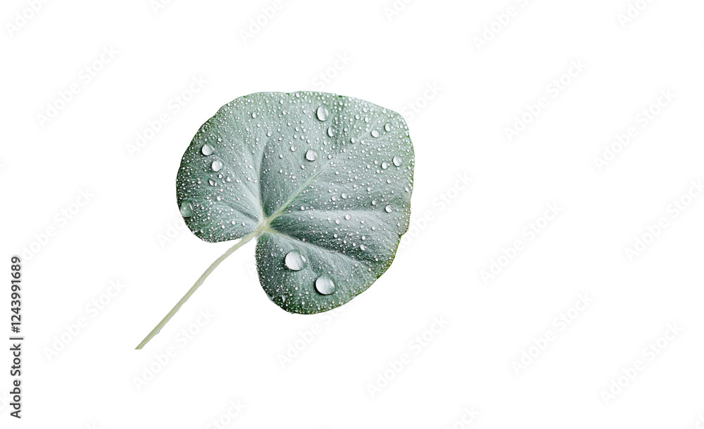 Poster a close-up shot of a single clover leaf with droplets of water on its surface, placed on a pristine 