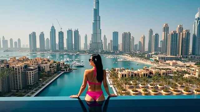 Dubai lifestyle video of travel woman in swimwear enjoying the Dubai skyline view in an infinity pool
