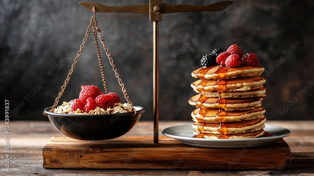Poster balanced scale displaying bowl of oats and stack of pancakes with berries and syrup on rustic wooden