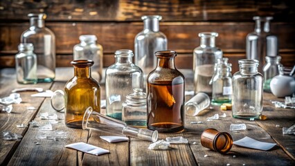 Vintage Glass Bottles on Wooden Surface with Shattered Glass Pieces