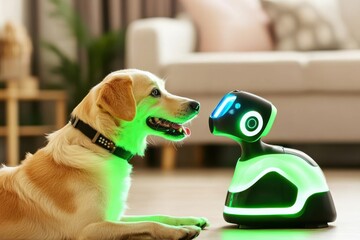 Fototapeta na wymiar A playful dog interacts with a friendly robot companion in a cozy living room, showcasing the blend of technology and pet companionship.
