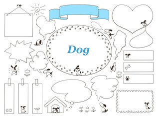 犬のフレームと吹き出しの手描きイラストセット