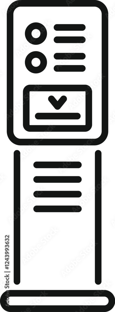Poster digital terminal showing payment information with downloading arrow icon, simple black and white vec