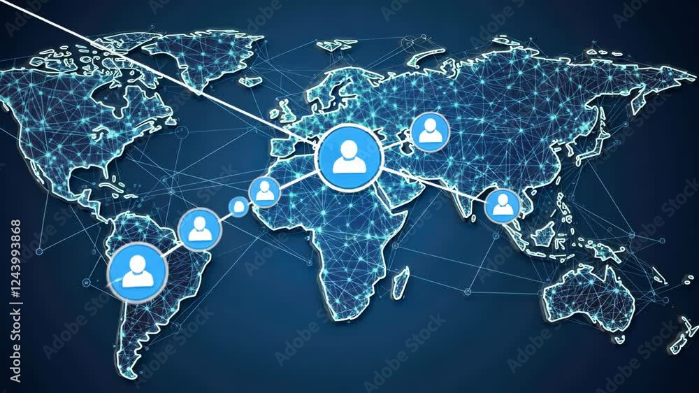 Poster global network growth with interactive connections across digital world map