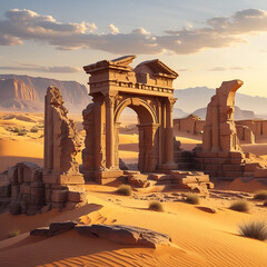 Ancient Ruins in the Desert at Sunset &ndash; Majestic Historical Architecture Amidst Sand Dunes, Generated with AI