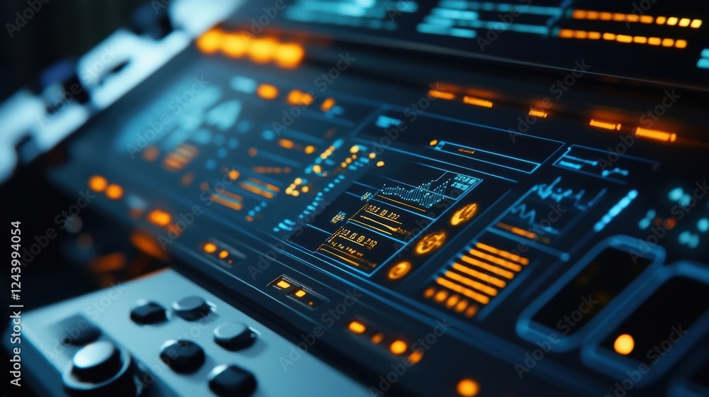 Poster futuristic control panel displaying complex data and information with charts and graphs, illuminated