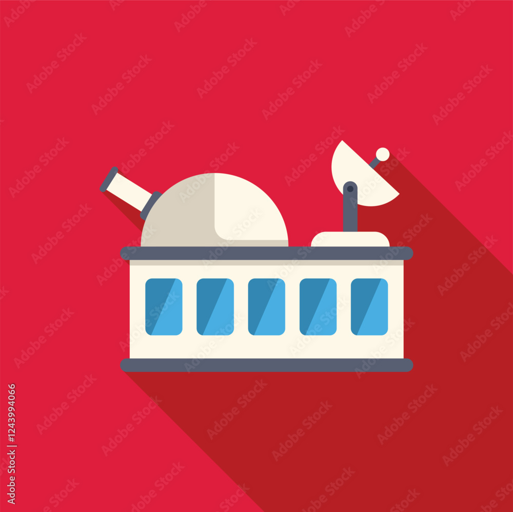 Poster observatory building with radio telescope and satellite dish exploring and researching space