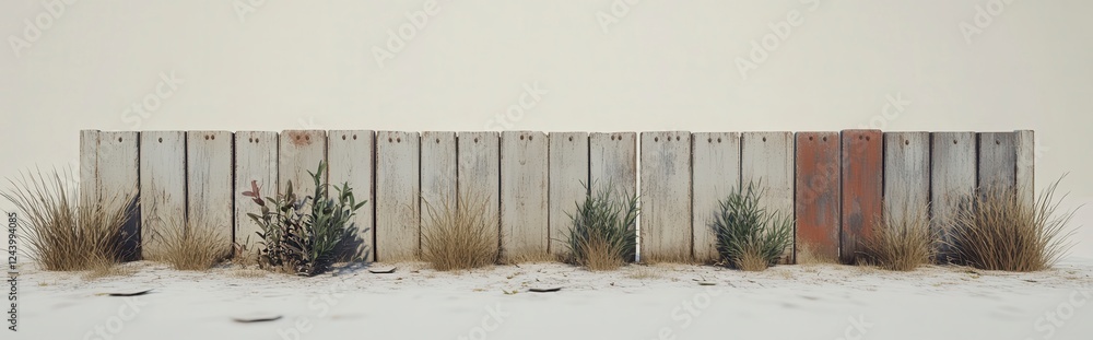 Canvas Prints Weathered grey and beige wooden fence panels with small plants and dried grass in front, set against a neutral background