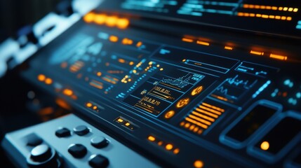 Futuristic control panel displaying complex data and information with charts and graphs, illuminated by vibrant orange and blue lights, suggesting advanced technology and innovative engineering
