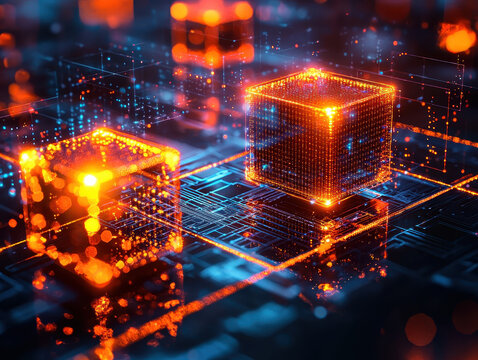 Futuristic quantum computer visualizes Shors algorithm with glowing entangled qubits performing prime factorization