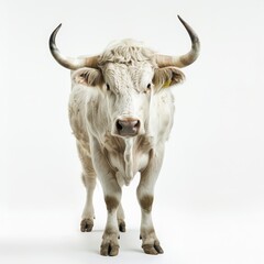 Naklejka premium Cow isolated on white, black and white looking, pink nose, swinging tail in front of a blue sky