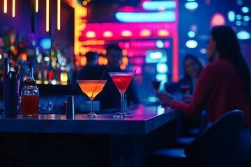there are two glasses of alcohol sitting on a bar with people in the background