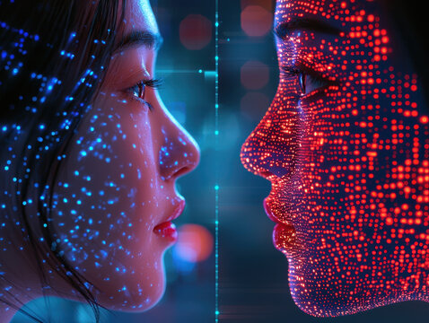 Human and AI engage in a heartfelt connection, sharing emotions and understanding in a tranquil digital atmosphere enhanced by soft lighting