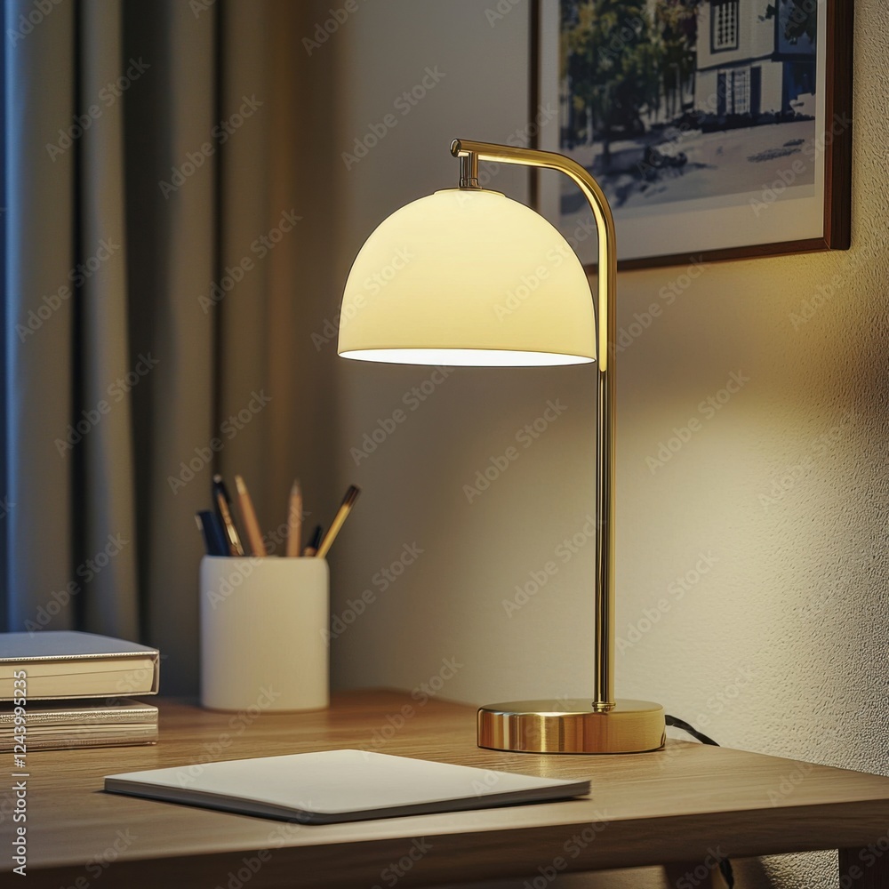 Poster a stylish desk lamp illuminates a workspace, featuring a modern design with a round shade and brass 