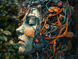 Human head filled with tangled wires and loops represents chaotic thoughts and obsessive-compulsive disorder in a surreal mindscape