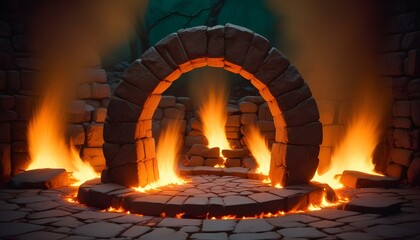 Un gran portal circular de piedra rodeado de llamas, que brilla con una intensa luz naranja y amarilla. El suelo está hecho de adoquines, lo que refleja el resplandor del fuego