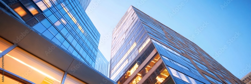 Poster glass and steel skyscrapers dominate the skyline, reflecting the warm glow of the setting sun in a b