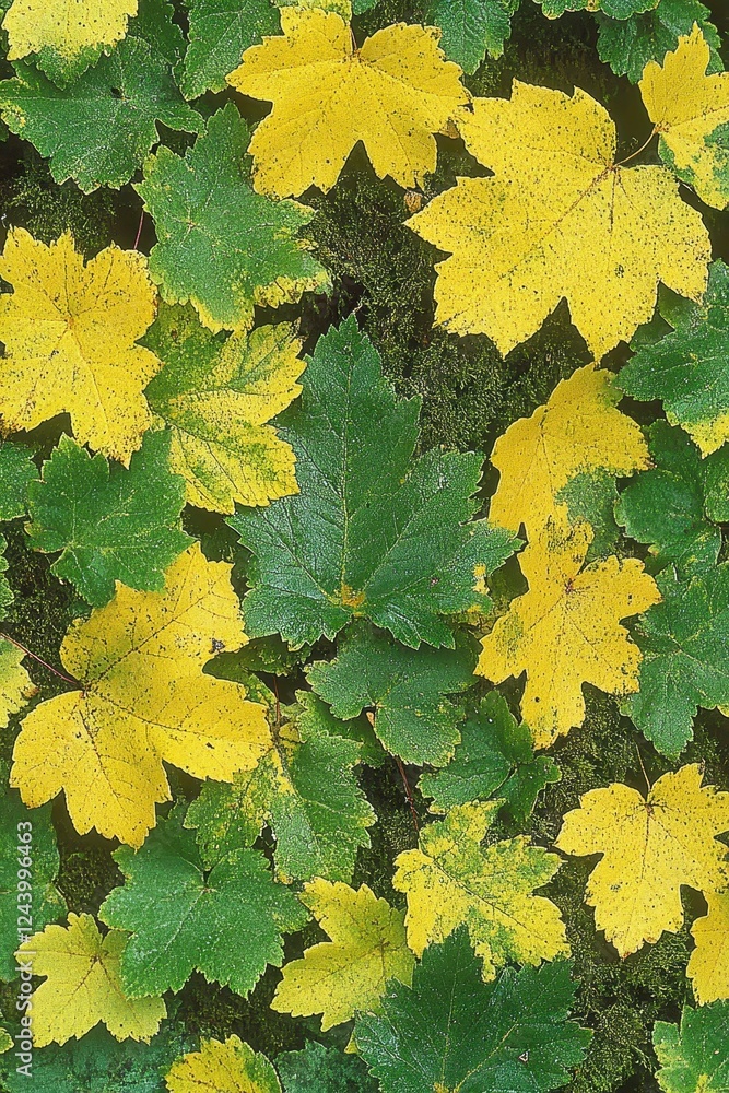 Poster close up view of vibrant yellow and green leaves, creating a textured natural pattern. the image is 