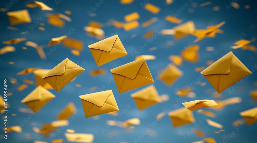 Poster many yellow envelopes float against a blue sky, creating a dynamic and airy composition