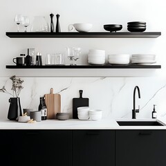 Obraz premium there are many plates and bowls on the shelves in the kitchen