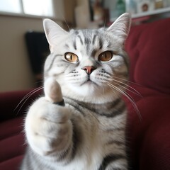 there is a cat that is sitting on a red couch