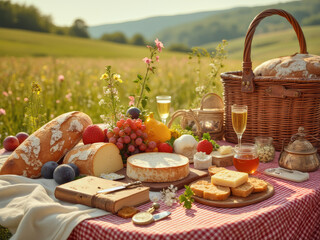 professional advertisement food photography: A picnic table with a basket of bread, cheese, fruit, and wine.